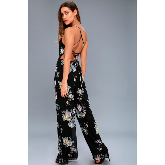 Lulus Pants - Lulus Shea Black Floral Print Jumpsuit Sleeveless Cross Back V Neck Medium